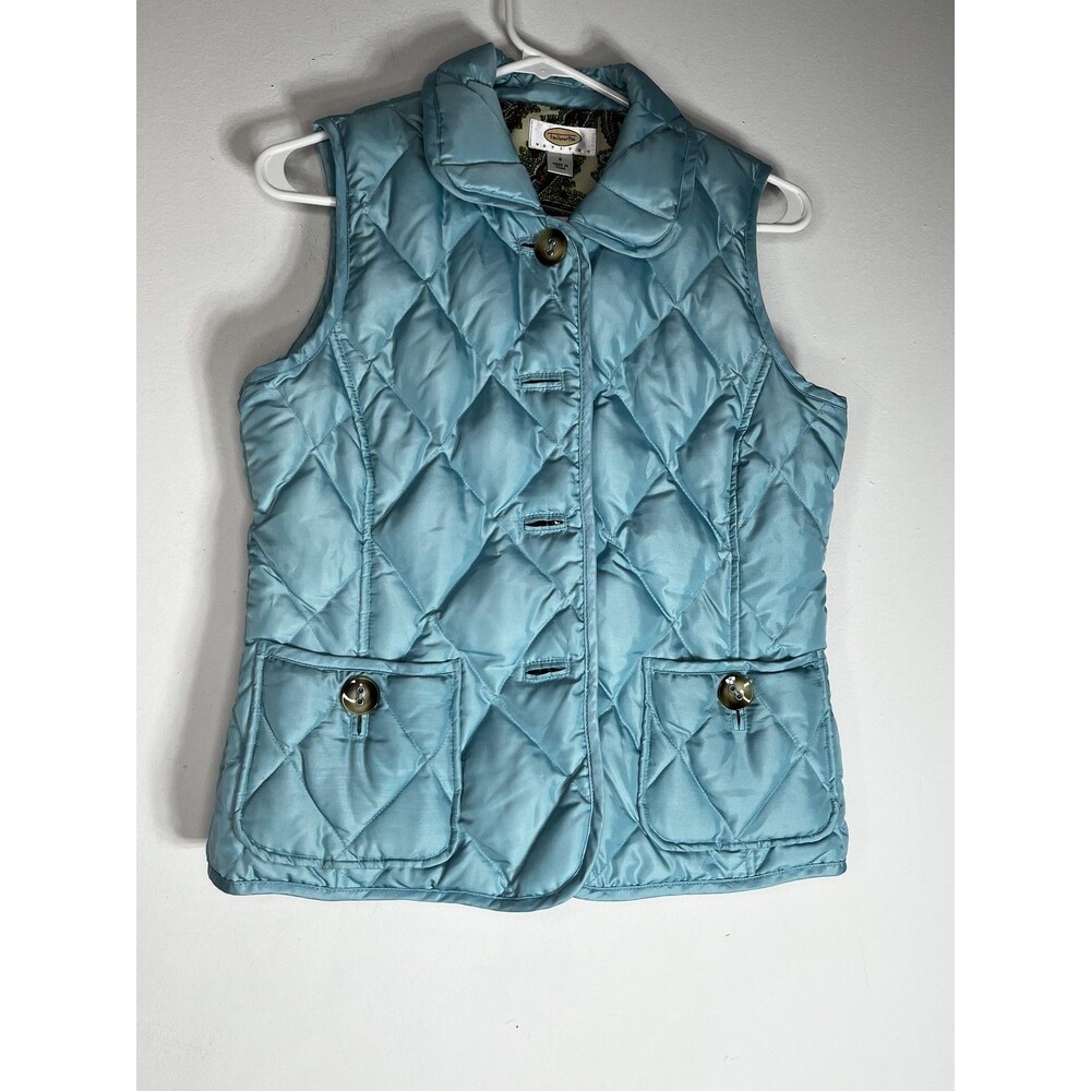 Talbots Vest Womens Petite Small Blue Quilted Down Button Front Paisley Lining
